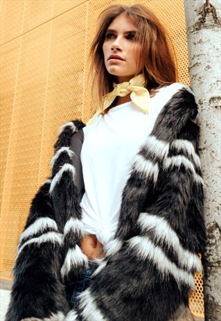 STRIPED FAUX FUR COAT