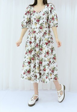 80s Vintage Multicoloured Floral Dress (Size L)