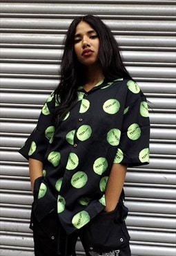 Baseball shirt tenis ball print top in black green