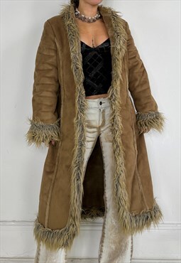 Vintage Y2k Afghan Coat Fur Trim Long Maxi Suede Style 90s