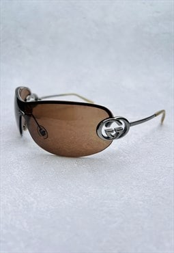 Gucci GG Sunglasses Authentic Rimless Shield Brown Silver