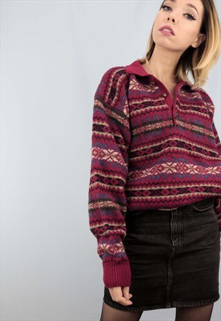 VINTAGE 80S 90S OVERSIZED PATTERNED KNIT JUMPER WOOL RED