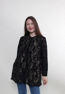 Vintage 90s lace blouse, black floral blouse, sheer blouse