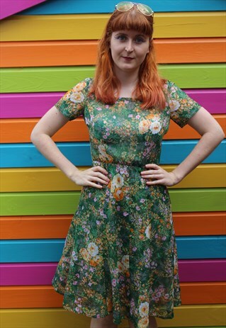 VINTAGE 90'S GREEN MESH FLORAL PRINT SUMMER SKATER DRESS