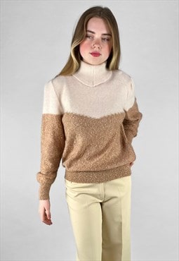 70's Vintage Ladies Long Sleeve Cream Brown Jumper
