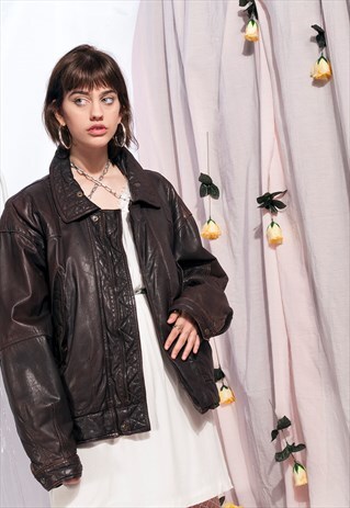 VINTAGE LEATHER JACKET 80S BROWN GRUNE PILOT COAT