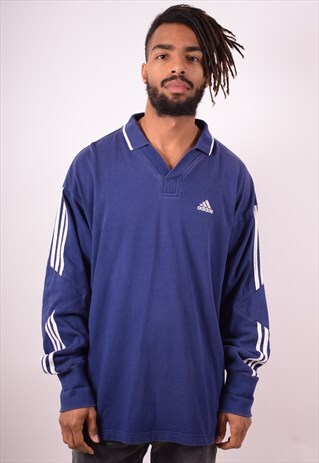 ADIDAS MENS VINTAGE RUGBY POLO SHIRT XL BLUE 90S