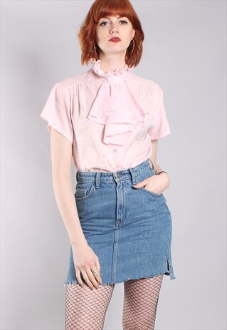 VINTAGE 80S PATTERNED RUFFLE NECK BLOUSE TOP