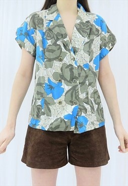 90s Vintage Blue & Cream Floral Shirt Blouse (Size M)
