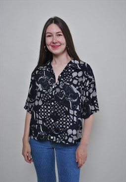 Vintage abstract blouse, black color button up shirt