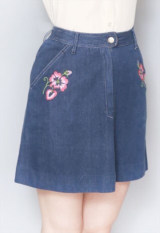VINTAGE 1970'S DARK BLUE EMBROIDERED DENIM MINI SKIRT