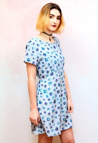 1980S VINTAGE BLUE FLORAL PRINT TEA DRESS