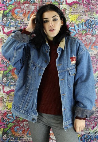 VINTAGE 80S MID BLUE BLANKET LINED DENIM JACKET. UNISEX.