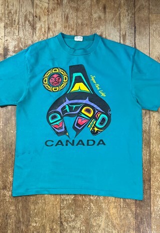 VINTAGE 1991 TURQUOISE PRINT SINGLE STITCH T - SHIRT