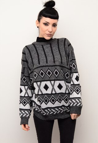 VINTAGE 90'S RETRO GREY BLACK WHITE PATTERNED SLOUCHY JUMPER