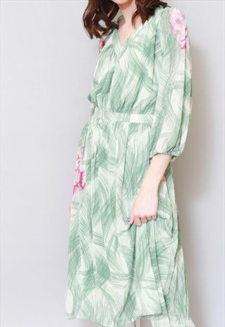 VINTAGE 1970'S GREEN & PINK FLORAL PRINT S MODELL MIDI DRESS