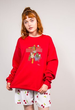 VINTAGE 90'S RED CUTE ANIMAL BIRD SWEATER JUMPER