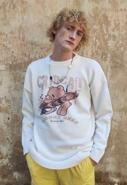 Creepy bear print sweater animal top grunge jumper in white