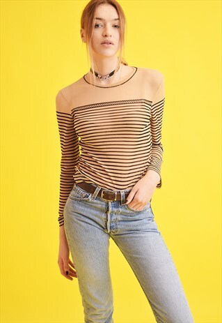 90'S RETRO STRIPED KITSCH MESH SHEER TEEN TOP BLOUSE