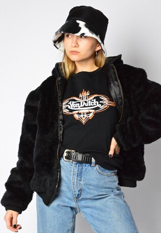 Y2K BLACK FAUX FUR HOODED JACKET