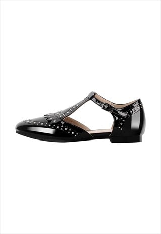 Hollow Black Round Toe Strap Rivet Flats