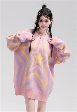 Star print sweater knitted 70s pattern jumper disco top pink