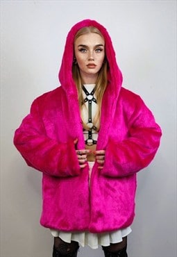 Hooded neon faux fur jacket shaggy bomber bright rave puffer