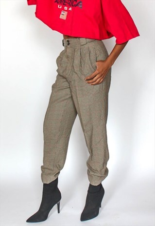 VINTAGE 80S BROWN PLAID WOOL TROUSERS