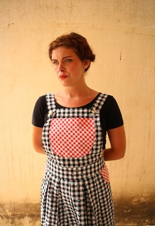 SOPHIE BLACK & WHITE GINGHAM PINAFORE DRESS WITH RED POCKETS