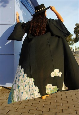 Vintage Black Maxi Kimono Jacket with Floral Details