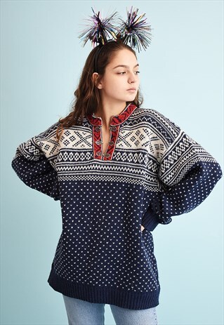 80'S RETRO NORDIC FAIR ISLE WOOL KNIT CHRISTMAS JUMPER