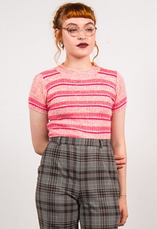VINTAGE 70'S PINK STRIPED RIBBED KNIT TOP