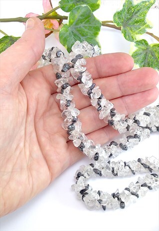 VINTAGE ROPE STYLE HEMATITE & CLEAR QUARTZ CHIPS NECKLACE