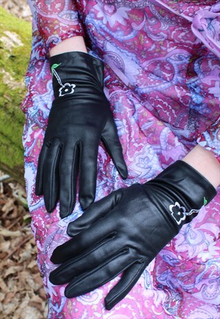 VINTAGE 50'S BLACK SATIN GLOVES WITH FLORAL EMBROIDERY