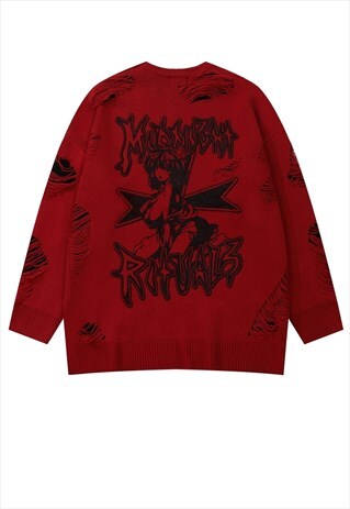 Anime sweater ripped grunge jumper distressed rave top red