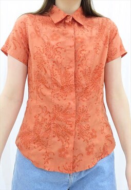 90s Vintage Orange Floral Collared Shirt Blouse