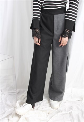 (KOREAN) 2 TONE WIDE LEGS FLANNEL CARGO TROUSERS