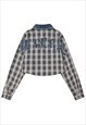 CROPPED PLAID SHIRT LONG SLEEVE DENIM FINISH POCKET BLOUSE