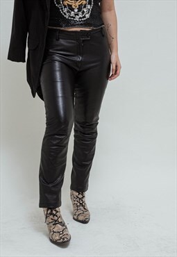 Vintage Y2k Rock Chic Black Leather Mid Waist Trousers S