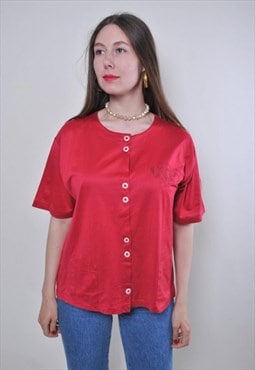 Y2k summer top, vintage button up red shirt - LARGE