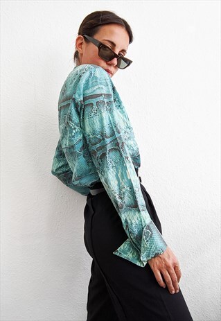 VINTAGE Y2K 90'S SNAKE PRINT JUST CAVALLI TURQUOISE SHIRT
