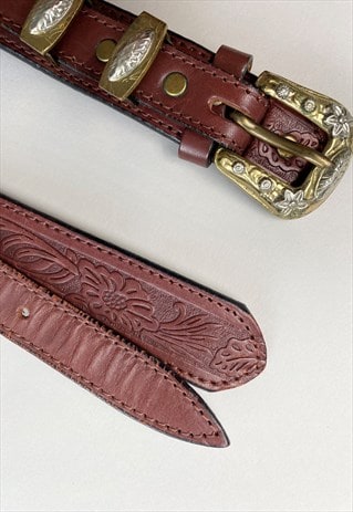 70's Brown Western Tooled Buckle Leather Metal Belt