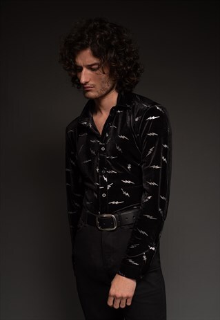 MENS BLACK BOLT VELVET ROCK N ROLL SHIRT