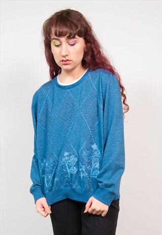 VINTAGE 90'S DARK BLUE FLORAL EMBROIDERED SWEATSHIRT