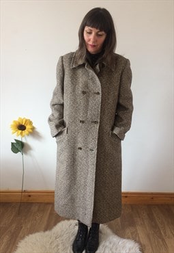 Vintage 80s Beige & Cream Herring Bone Midi Coat