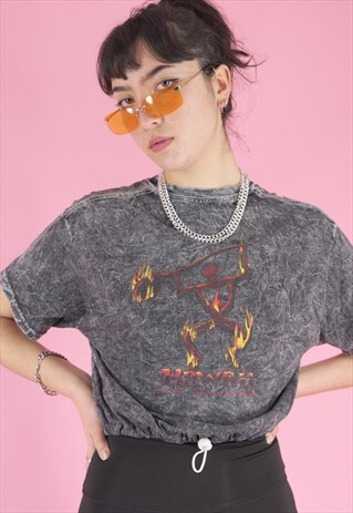 VINTAGE REWORK CROP TOP IN GREY WITH FIRE PRINT