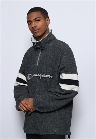 VINTAGE CHAMPION 1/4 ZIP BIG LOGO SPELLOUT FLEECE GREY