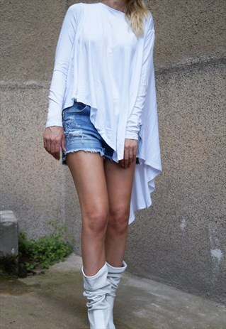LOOSE LONG WHITE BLOUSE KNIT OVETOP TUNIC ASYMMETRIC F1603