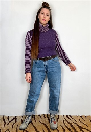 VINTAGE 90'S PURPLE STRIPE ROLL NECK JUMPER