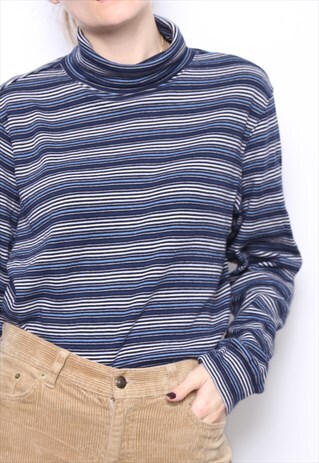 VINTAGE 90S BLUE STRIPED POLO HIGH TURTLE ROLL NECK TOP